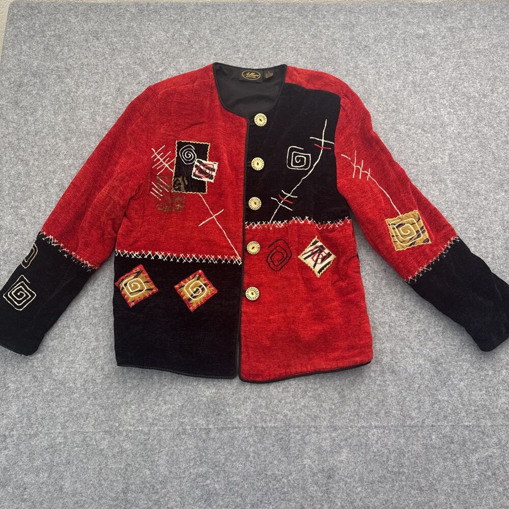 Allure Womens Jacket Large Mixed Media Tapestry Patchwork Red Black Artsy